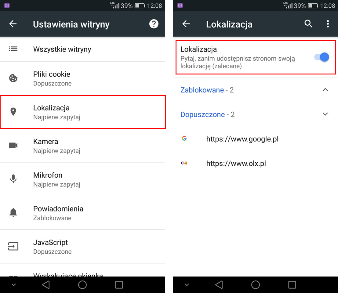 Wejdź do ustawień lokalizacji w Chrome w Androidzie