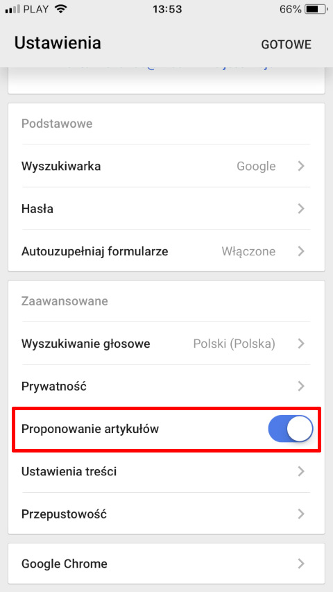 Wyłączanie sugerowanych artykułów w Chrome w iOS