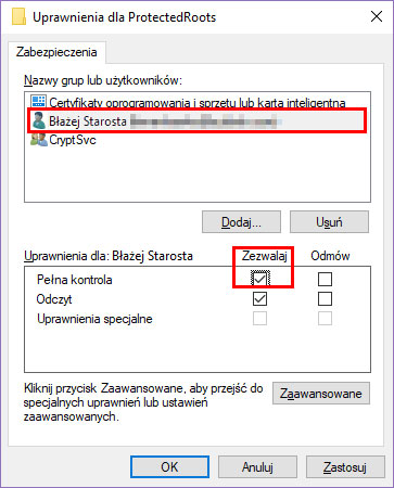 Nadaj sobie uprawnienia dla klucza ProtectedRoots