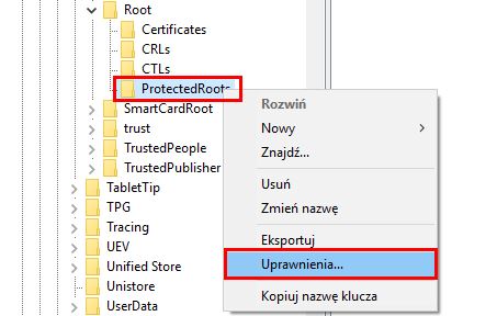 Wejdź do uprawnień klucza ProtectedRoots