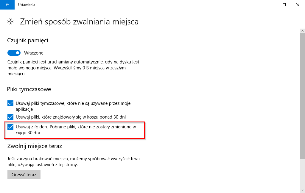 Włącz usuwanie plików co 30 dni z folderu Pobrane