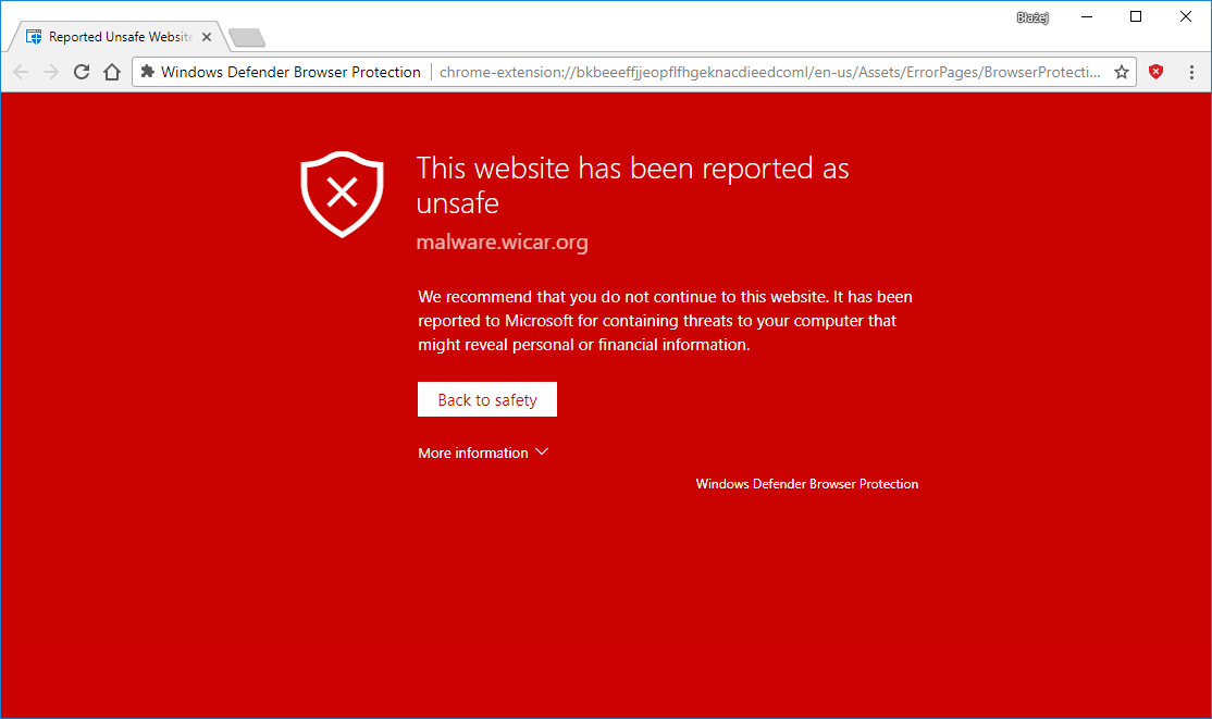 Przykładowe działanie Defendera w Chrome