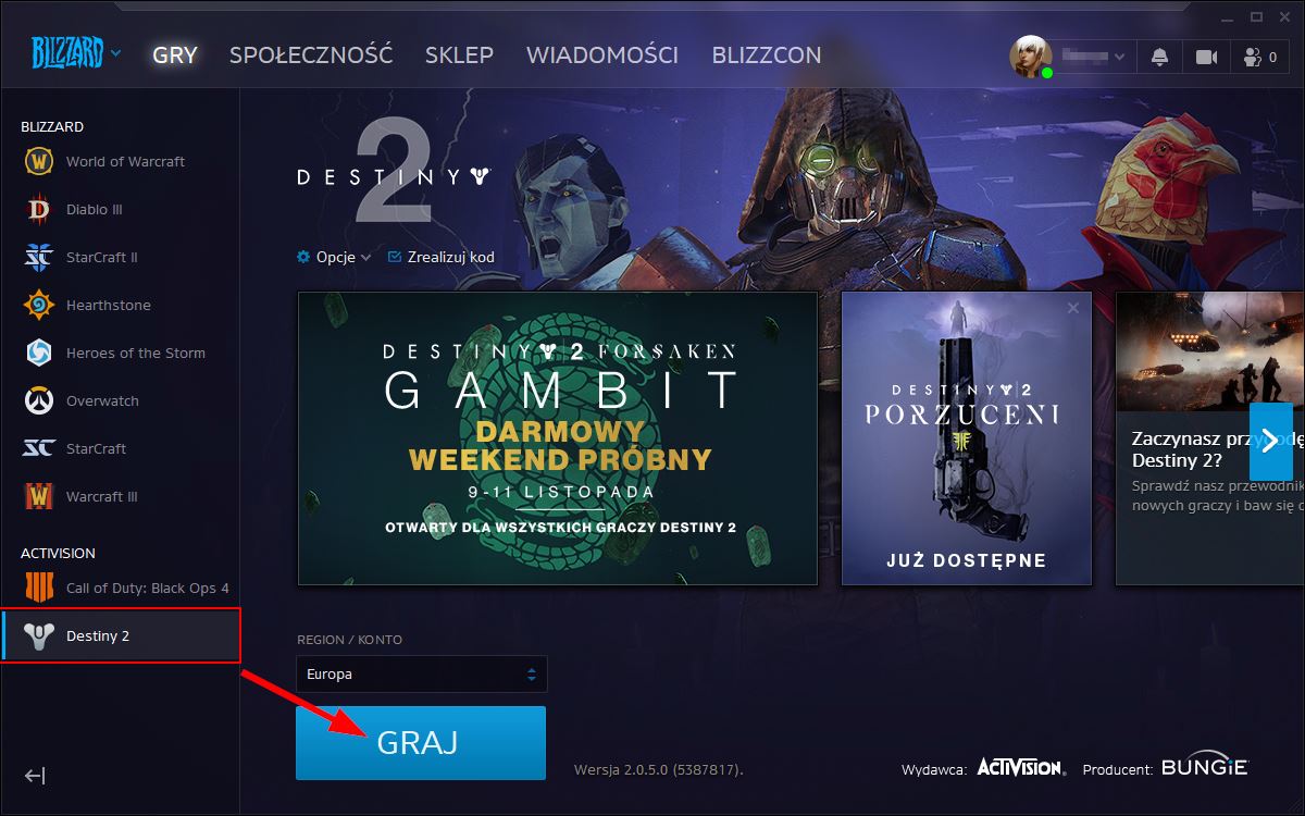 Włącz Destiny 2 przez Battle.net Launcher