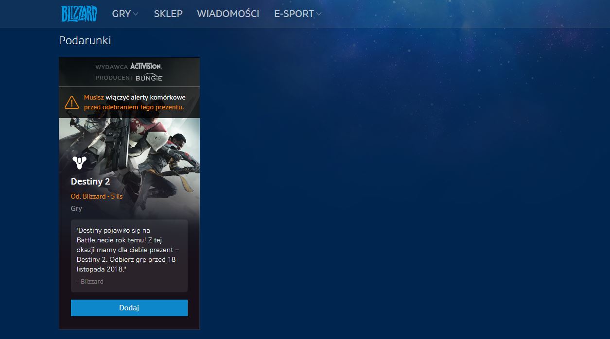Odbierz podarunek z Destiny 2