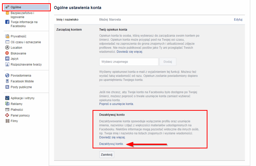 Dezaktywacja konta na Facebooku
