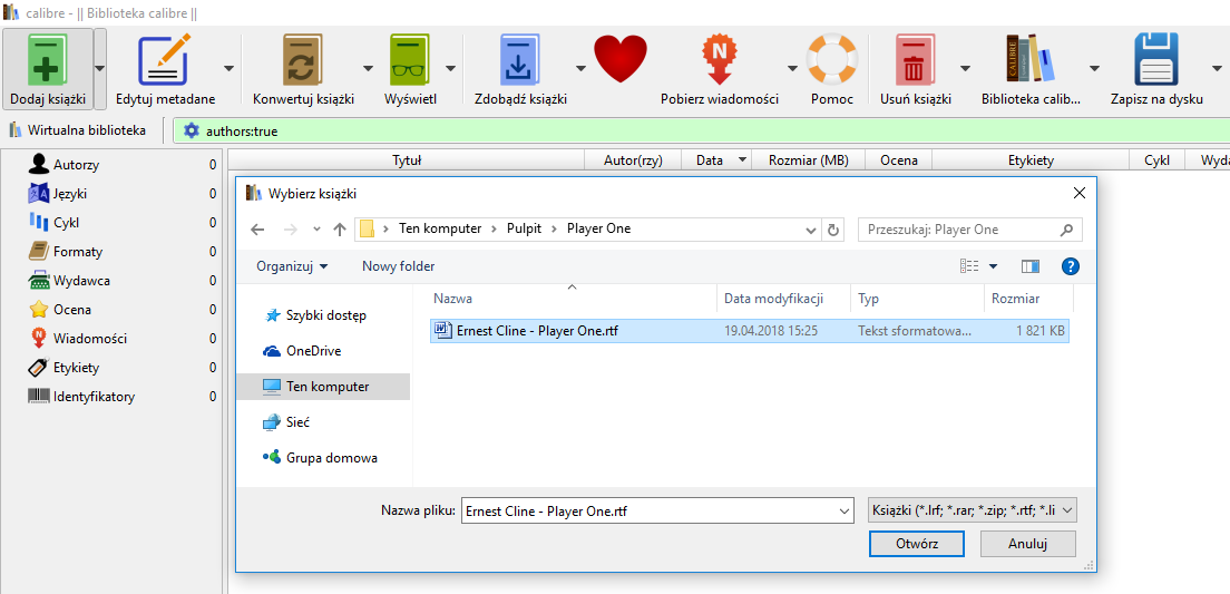 Dodaj książkę RTF do Calibre