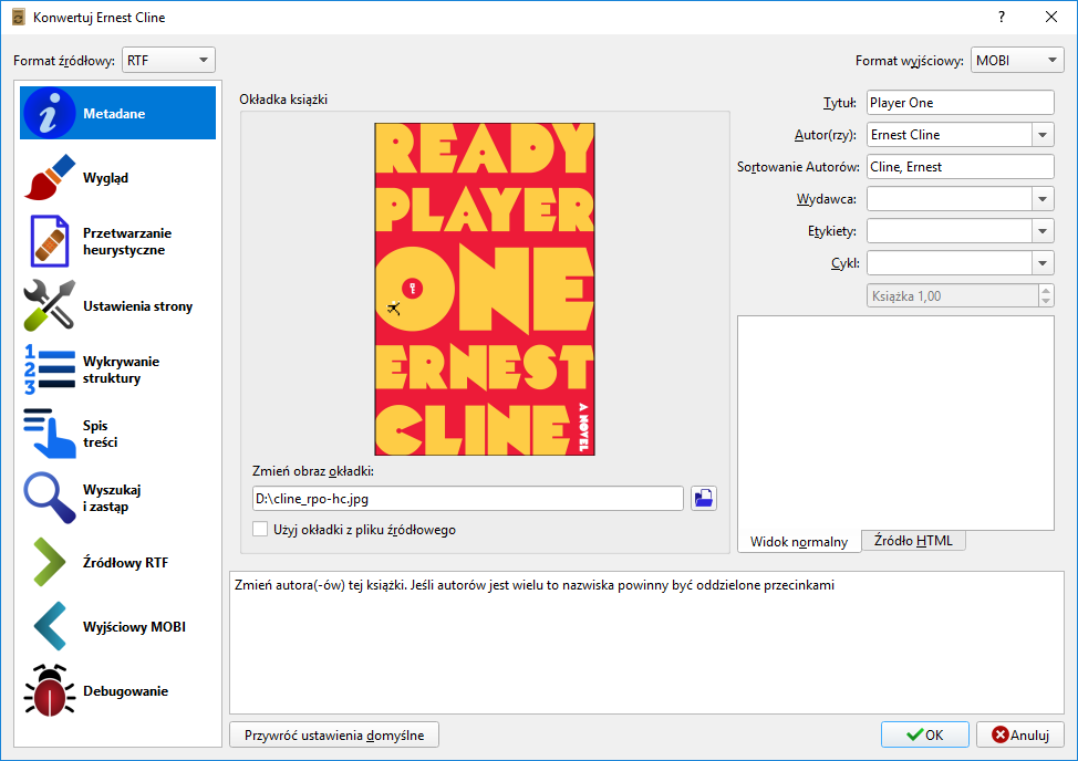 Ustaw formaty źródłowe i wyjściowe, a także dostosuj metadane książki