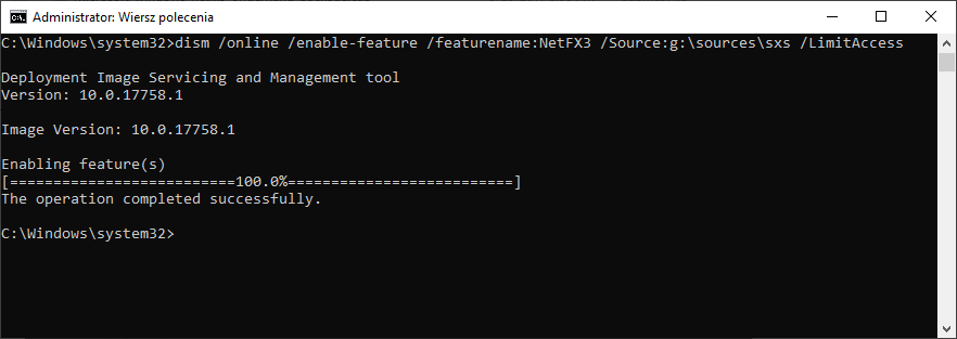 Zainstaluj .NET Framework 3.5 za pomocą komendy DISM z nośnika instalacyjnego Windows 10