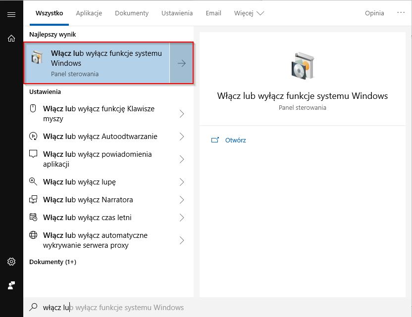 Wejdź do funkcji włączania funkcji systemu Windows