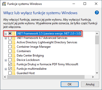 Włącz funkcję .NET Framework 3.5