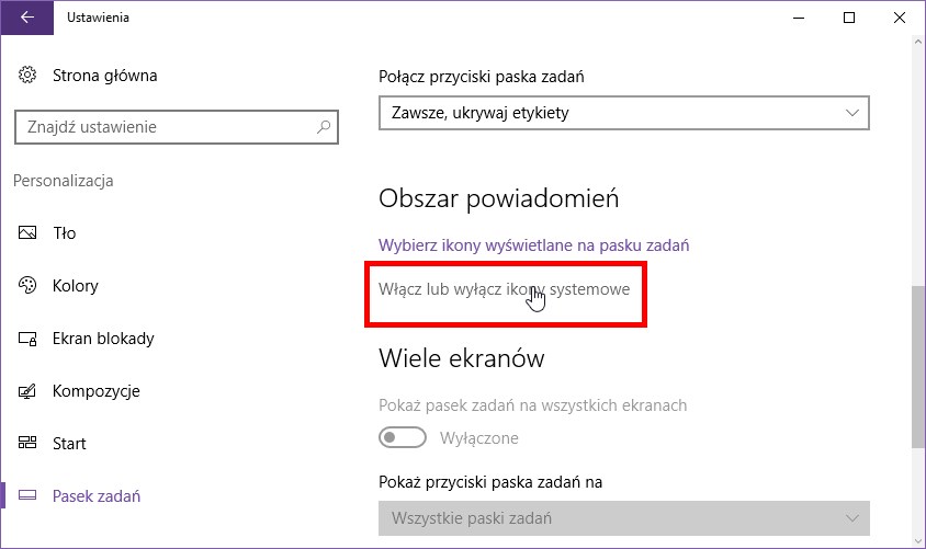 Włącz lub wyłącz ikony systemowe