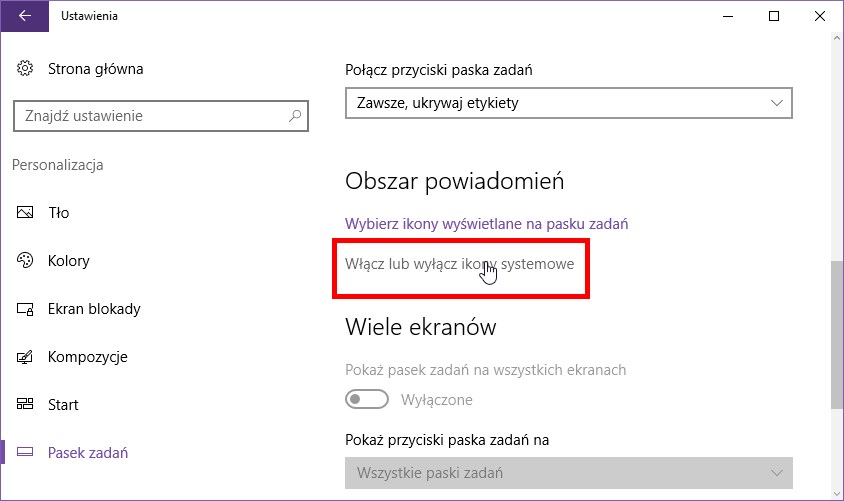 Włącz lub wyłącz ikony systemowe