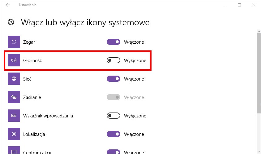 Wyłącz ikonę głośności w systemie