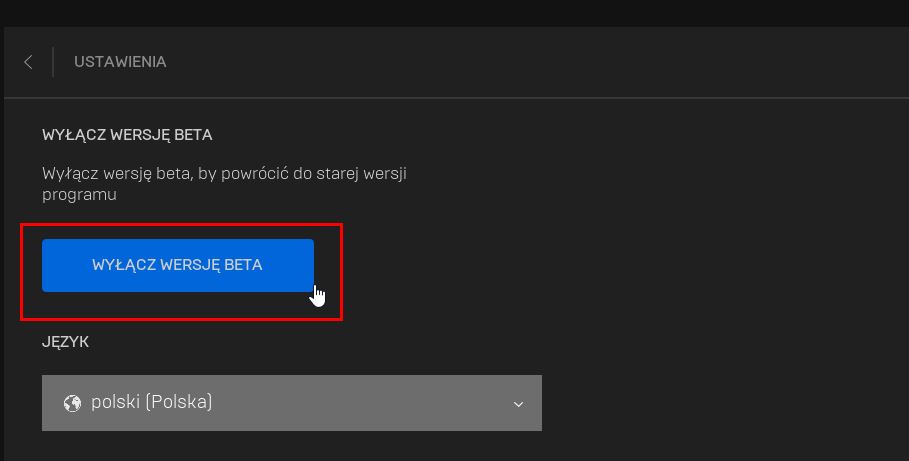 Wybierz opcję wyłączenia wersji Beta