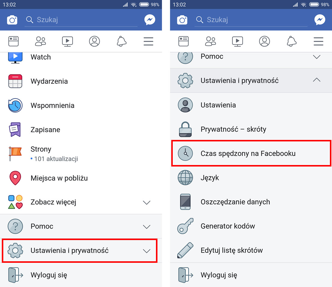 Wejdź do ustawień i wybierz opcję czasu spędzonego na Facebooku