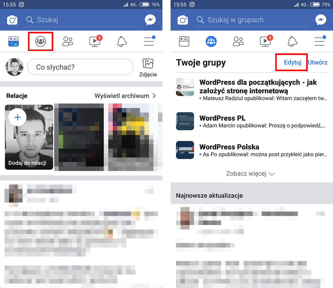 Wejdź do zakładki z grupami na Facebooku w aplikacji mobilnej