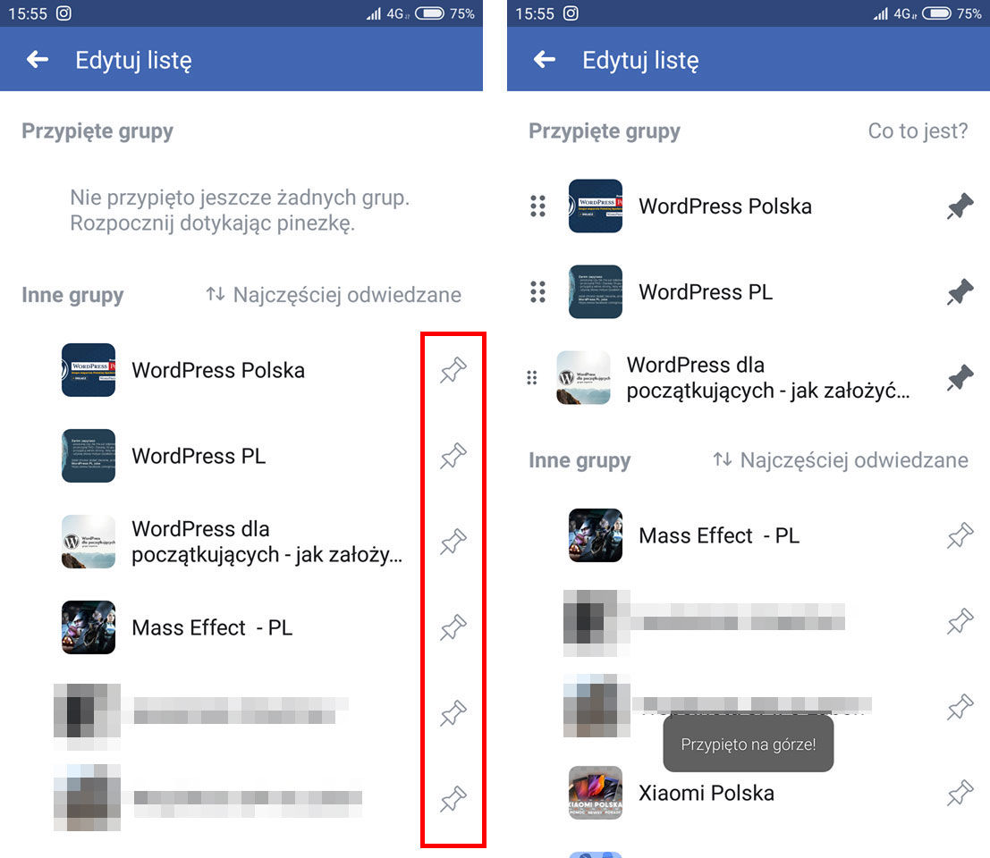 Przypinanie grupy do ulubionych na Facebooku w aplikacji
