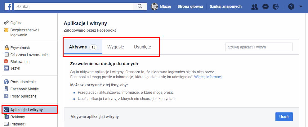 Wejdź do zakładki z Aplikacjami i witrynami na koncie Facebook