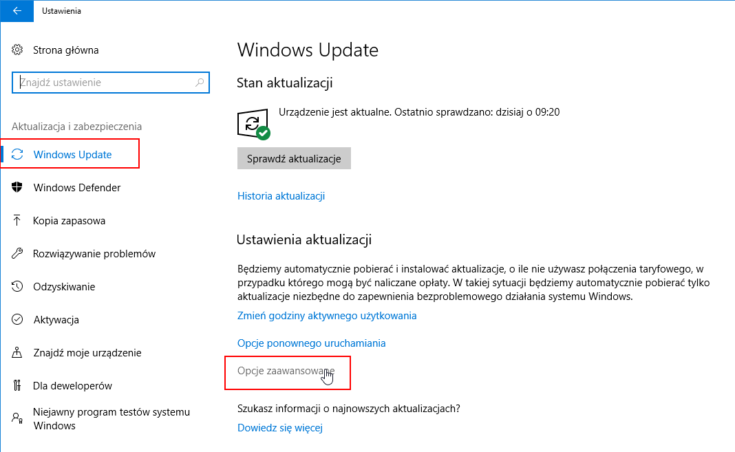 Windows 10 - opcje zaawansowane Windows Update