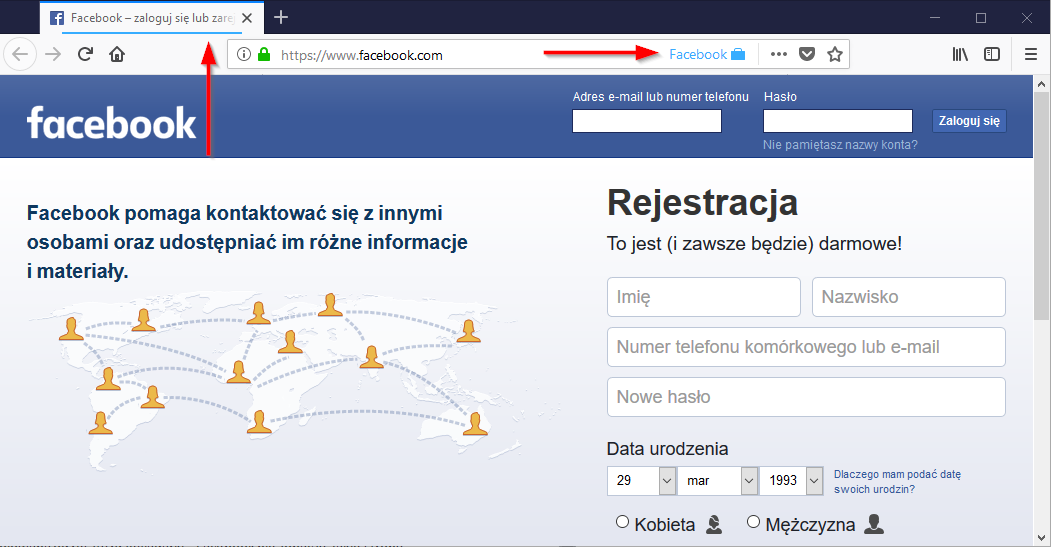 Facebook Container - niebieski pasek oraz niebieska kłódka