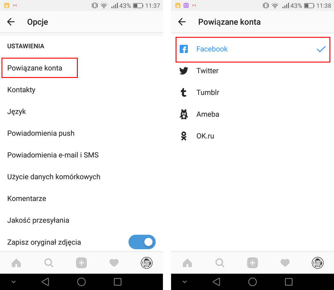 Opcje powiązanych kont w Instagramie