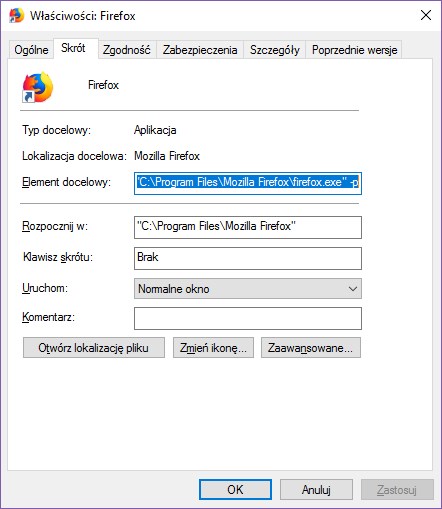 Właściwości skrótu Firefox