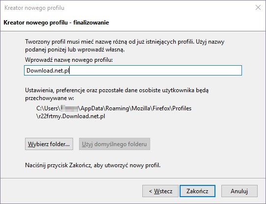 Wpisz nazwę dla profilu oraz wybierz lokalizację przechowywania danych