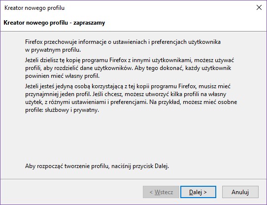 Kreator nowego profilu w Firefox