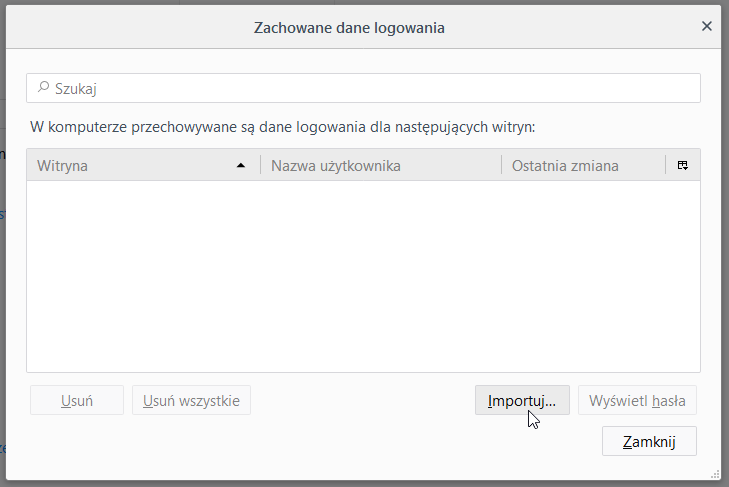 Opcja importu haseł w Firefox