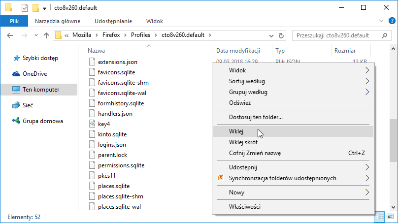 Wklej kopię haseł do folderu z profilem Firefox