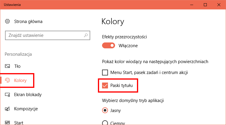 Włącz opcję kolorowania pasków tytułu w Windows 10