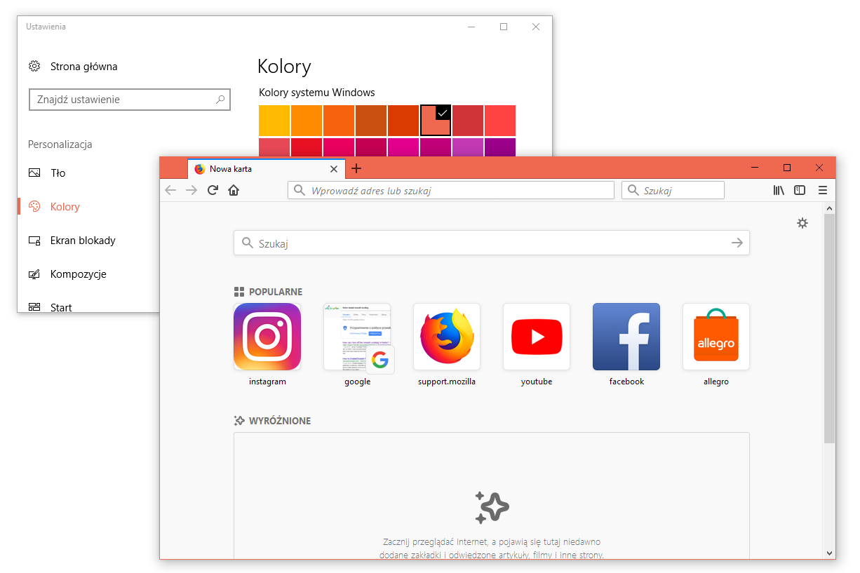 Wybierz akcent kolorystyczny w Windows 10, aby zmienić kolor Firefox Quantum