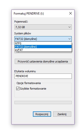Opcje formatowania dysku USB lub pendrive