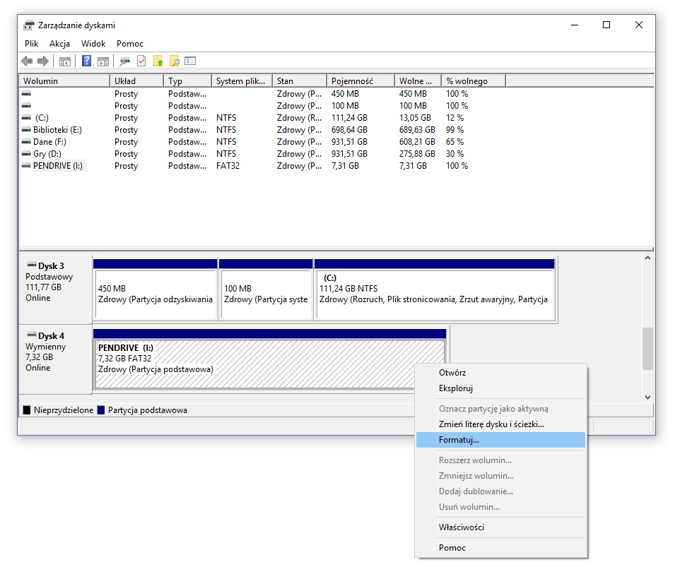 Wybierz opcje formatowania w oknie zarządzania dyskami