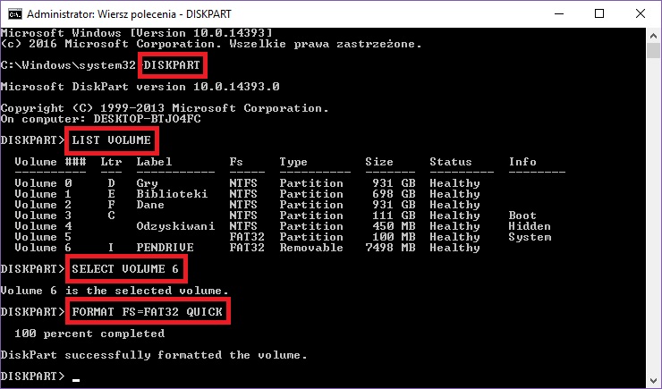 Formatowanie USB za pomocą Wiersza polecenia