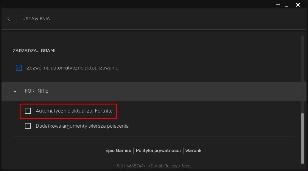 Wyłącz automatyczne aktualizacje w ustawieniach nowego Epic Games Launcher