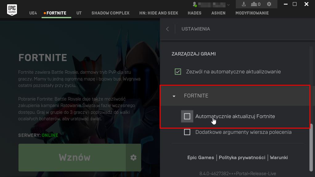 Wyłączane aktualizacji Fortnite w starym Epic Games Launcherze