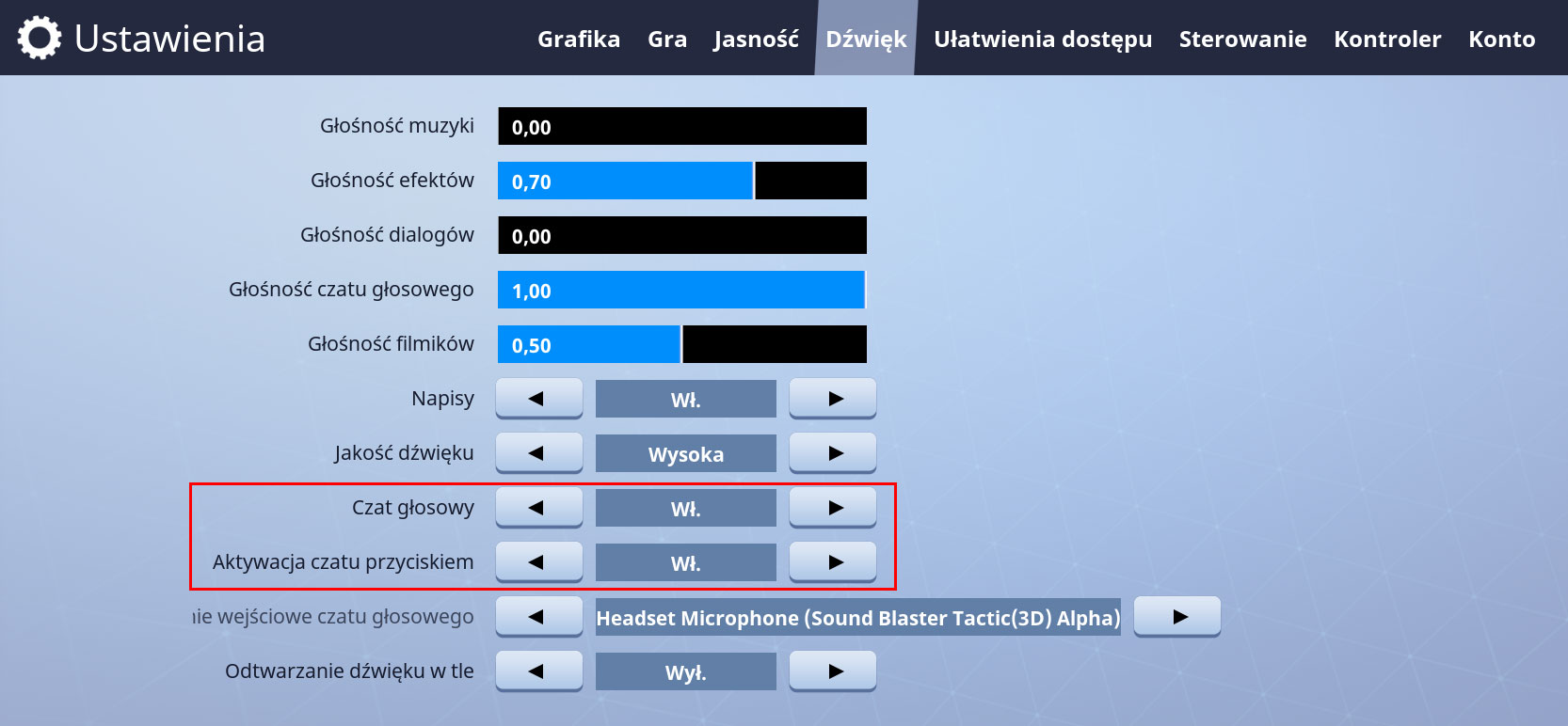 Ustawienia dźwięku w Fortnite - czat głosowy