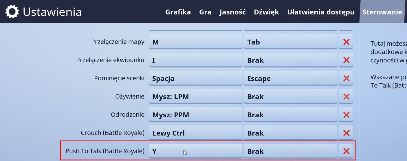 Wybierz przycisk do aktywacji mikrofonu w Fortnite