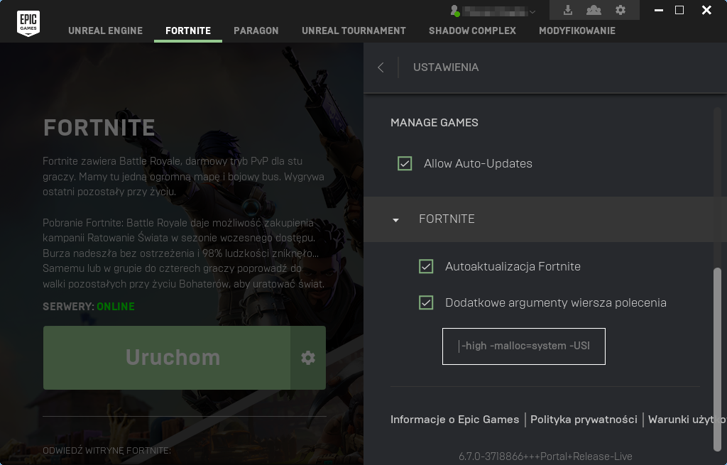 Fortnite - dopisz argumenty do wiersza polecenia