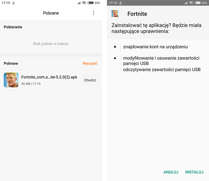Otwórz i zainstaluj plik APK z Fortnite