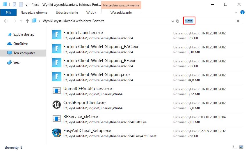 Wyszukaj plików .exe w Fortnite