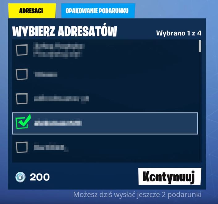 Wybierz odbiorcę prezentu w Fortnite