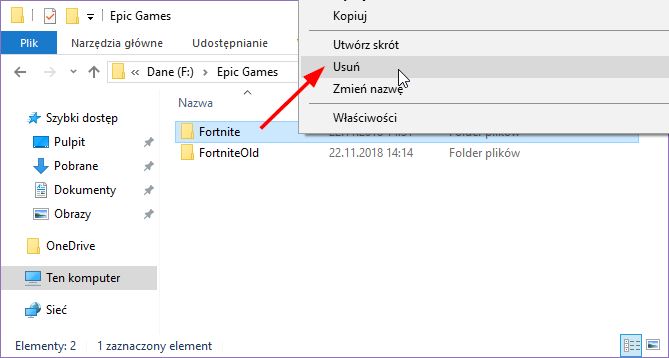 Usuń tymczasowy katalog Fortnite