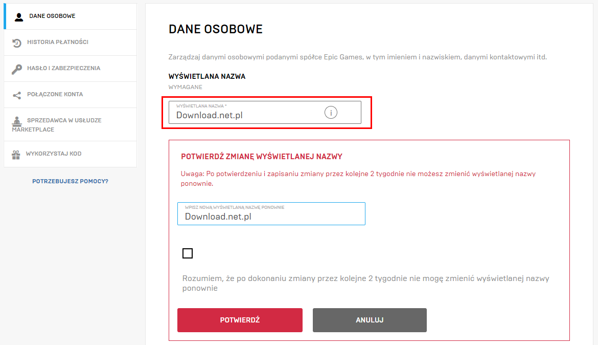 Wpisz dwukrotnie nowy nick w ustawieniach konta Epic Games