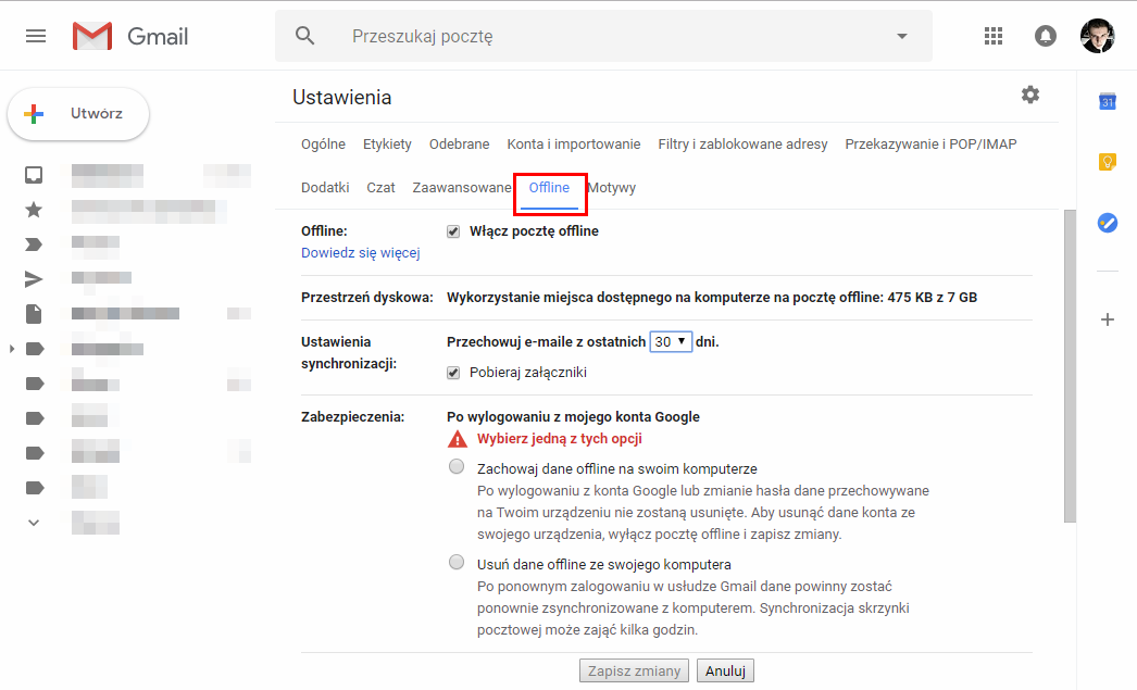 Ustawienia trybu offline w poczcie Gmail