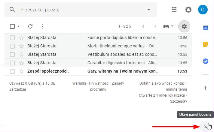 Ukryj panel boczny w Gmailu