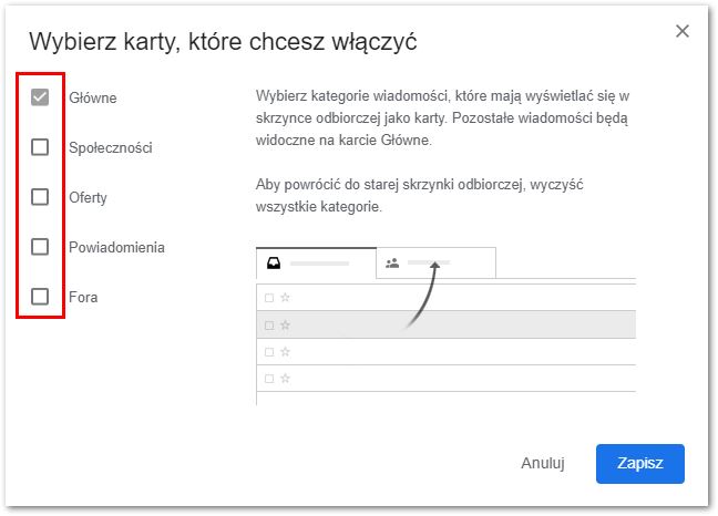 Wyłącz karty w poczcie Gmail