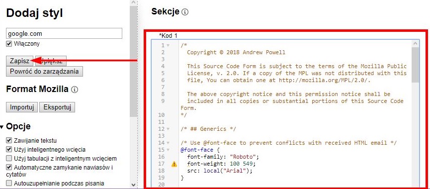 Wklej i zapisz skopiowany kod CSS w Stylus