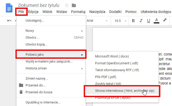 Pobierz dokument jako stronę internetową